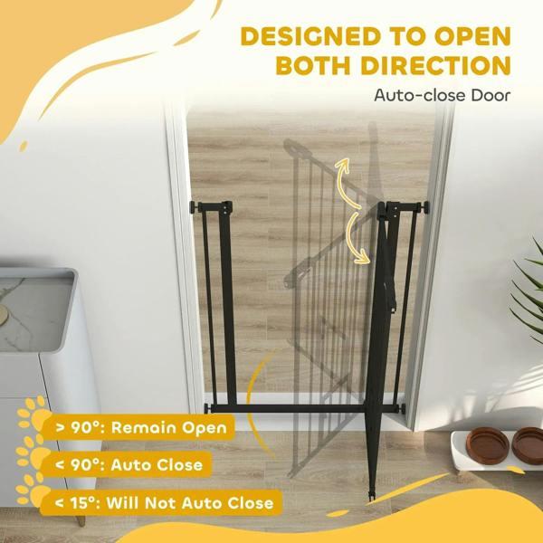 Black pet gate with auto-close door design, showing one-way closing motion