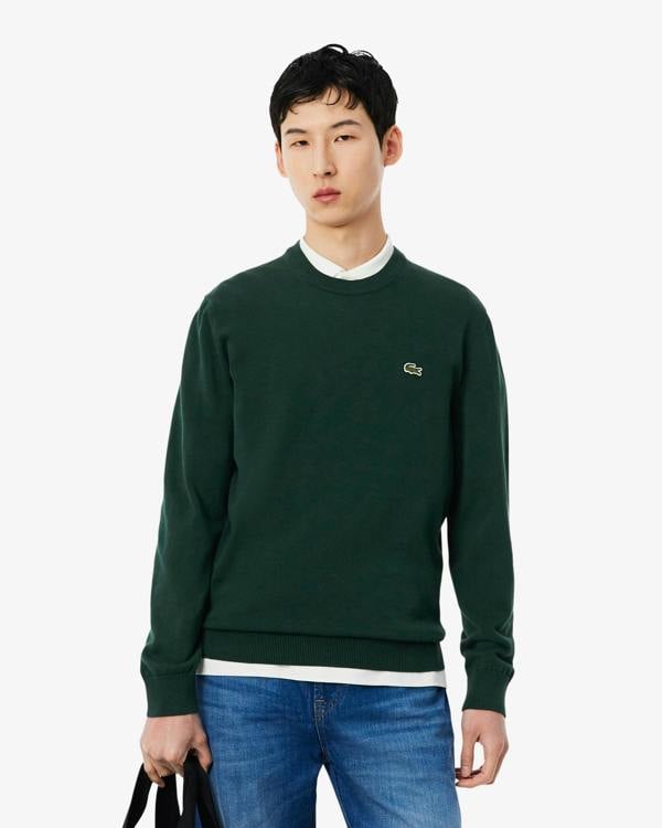 Lacoste Mens Organic Cotton Crew Neck Sweater - Sinople YZP | CHO | Designer Mens Crew Neck Sweatshirts