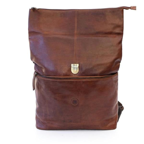 a brown leather backpack is open to show the roll top design