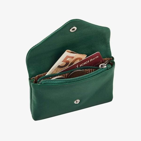 Green real leather coin purse with envelope closure and note section