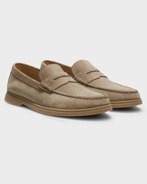 BOSS Orange Sienne Suede Loafers with Logo Penny Trim - Medium Beige 260 | CHO | Designer Mens Loafers