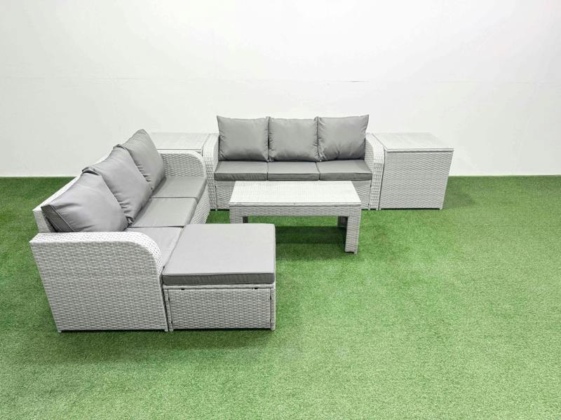 Fimous 7 Seater Outdoor Lounge Set, Rattan Garden Furniture, Coffee Table, High Back Sofa, Big Footstool and 2 Side Tables, Light Grey