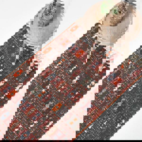 HOMESCAPES Terracotta, Black and Brown Printed Cotton Kilim Rug