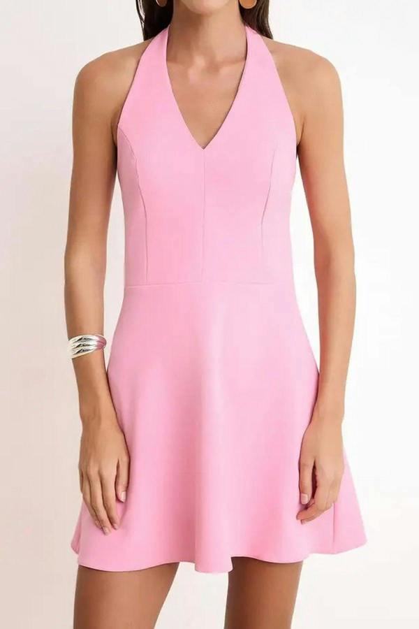 WOVCOR V-Neck Mini Stretchy Woven Dress with Ruffles