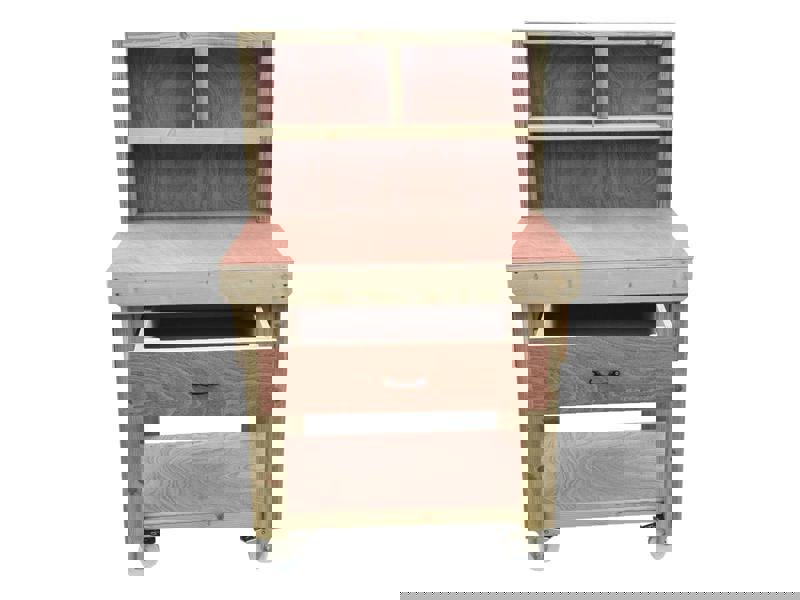 Wooden eucalyptus Top Workbench – Mobile Tool Cabinet with Drawers, Back Panel and wheels, Ideal for Dry Indoor Spaces Such as Garages, Workshops, and Studios.