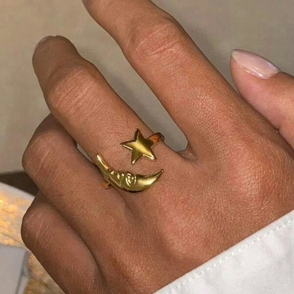 The Colourful Aura Boho Celestial Moon and Star Ring Adjustable Gold/Silver - Gold - Gold