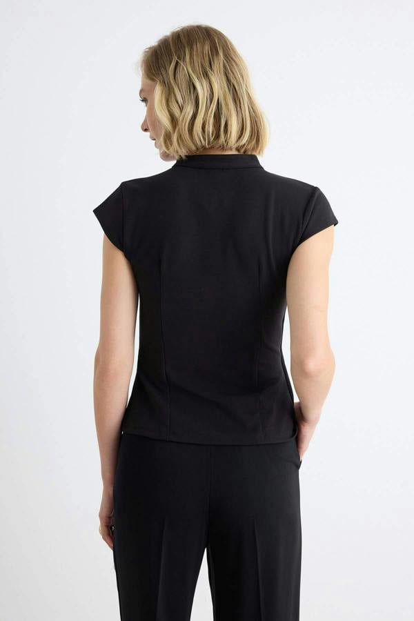 WOVCOR Fitted Mandarin Collar Bracelet Sleeve Button Detail Asymmetric Blouse