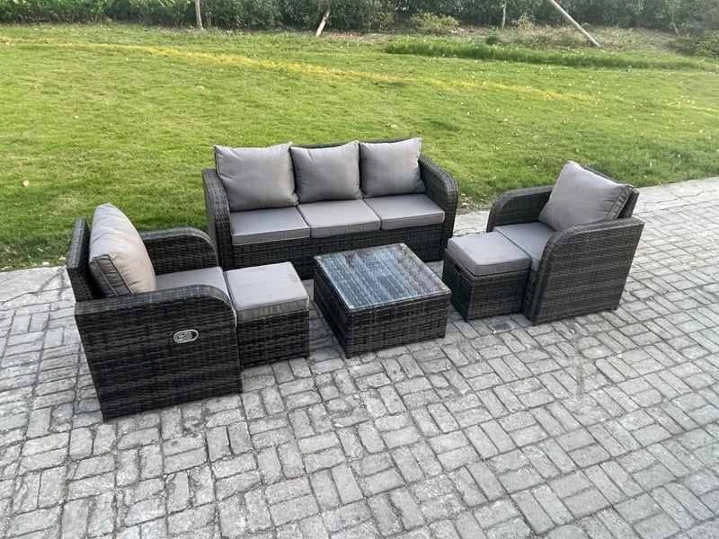 Fimous Garden Furniture Sets Wicker Rattan Furniture Patio Sofa Sets with Reclining Chair 3 Seater Sofa 2 Small Footstools Dark Grey Mixed
