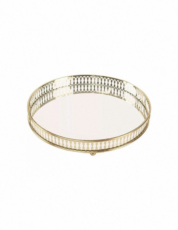 ANYHOUZ 25cm Gold Round Glass Mirror Base Metal Vanity Food Serving Organizer Jewelry Cosmetics Storage Tray with Handle