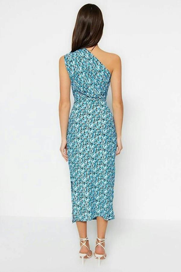 WOVCOR Printed Fitted One-Shoulder Asymmetrical V-Neck Pencil Dress