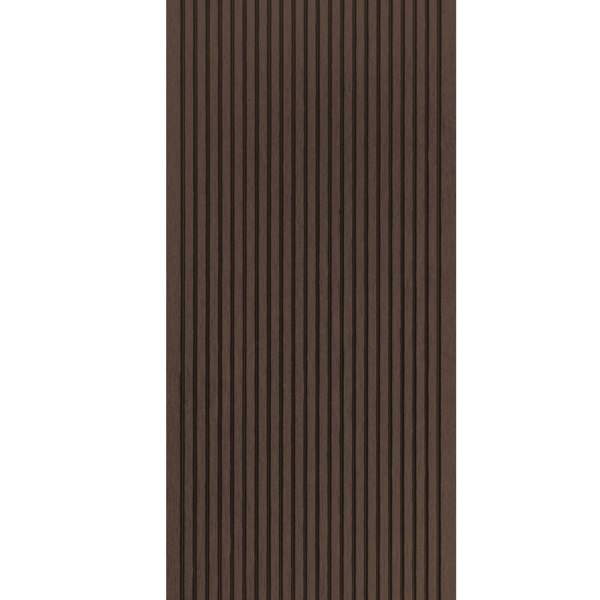 Brown composite decking boards with a textured, ribbed surface, ideal for outdoor patios and decks, showcasing durability and style