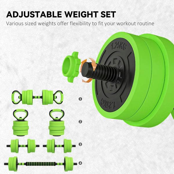 Green adjustable weight disc with black insert and adjustable threaded handle rods