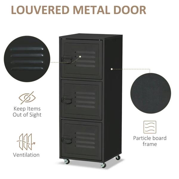 3-tier cabinet with louvered metal doors and pull handles; particleboard frame.
