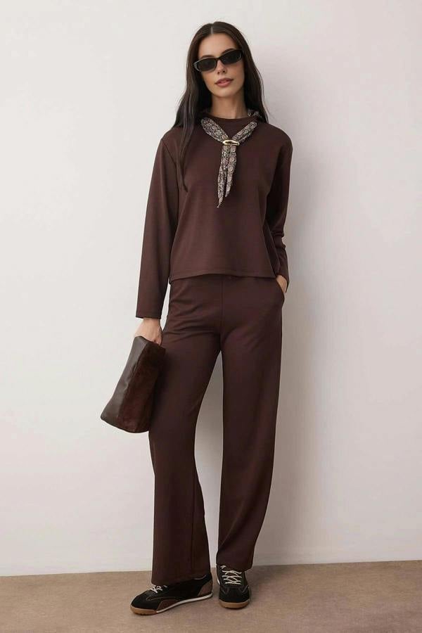 WOVCOR 2-Piece Regular Knit Top and Bottom Set with Scarf Detail
