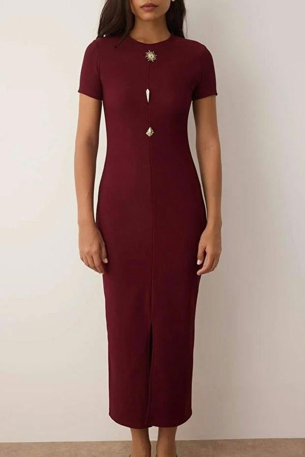 WOVCOR Ottoman Stand Collar Midi Knit Dress with Button Detail