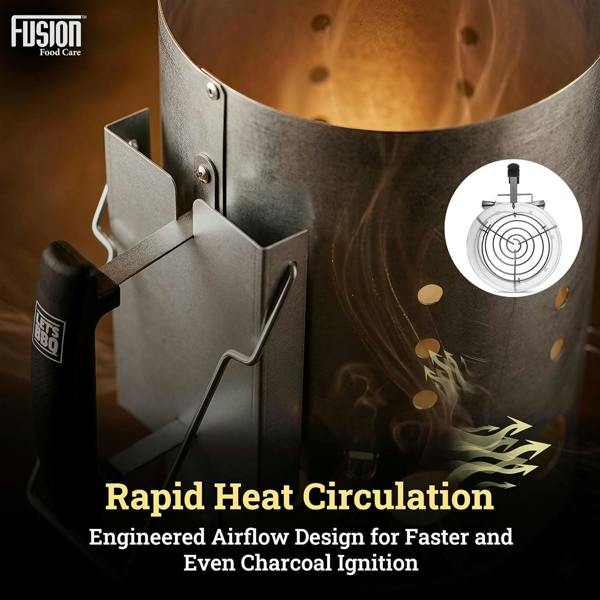 Fusion Food BBQ Coal Starter 19x27cm, Heavy-Duty Steel Charcoal Chimney Starter, Heat-Insulated Handle, Fast 20-Minute Ignition