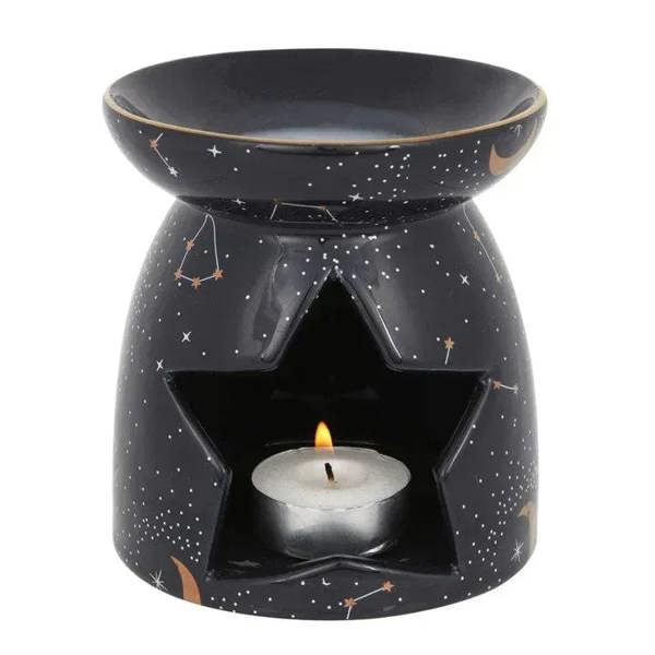 Constellation oil burner with black ceramic body, starry pattern, wax-cup holder