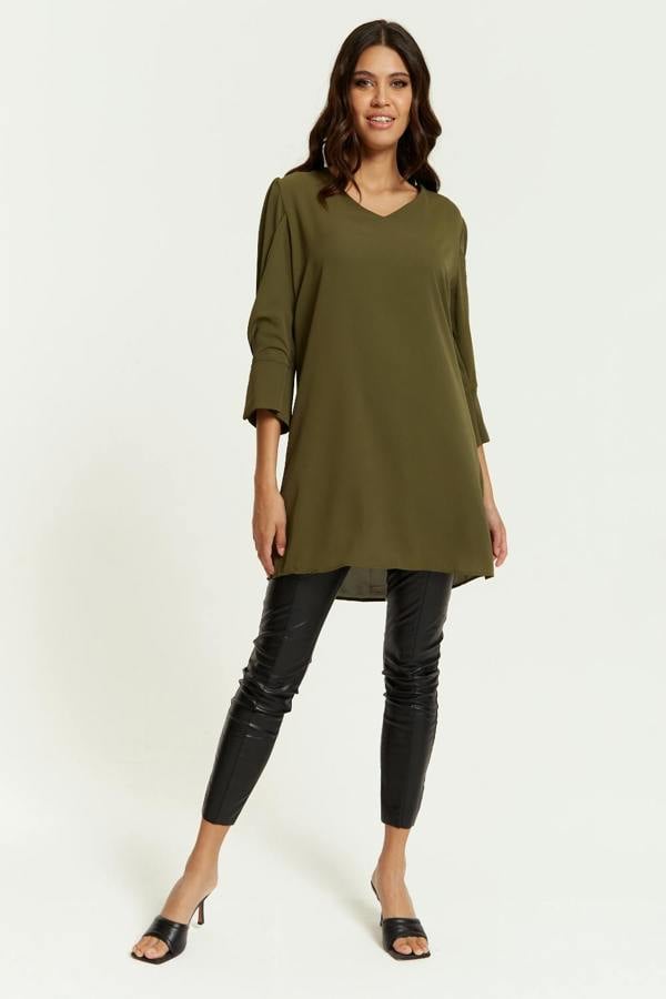 Hoxton Gal Oversized Detailed Sleeves V Neck Tunic in Khaki