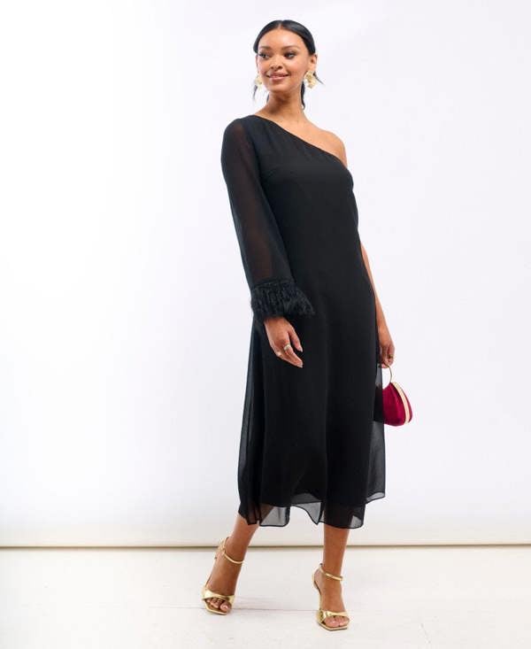 Black Asymmetric Feather Cuff Maxi Dress 
