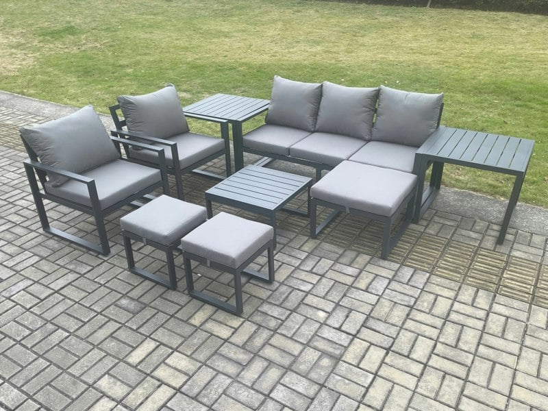 Fimous Aluminium Outdoor Lounge Sofa Set Garden Furniture Sets with Square Coffee Table 2 Chairs 3 Footstools 2 Side Tables Dark Grey 8 Seater