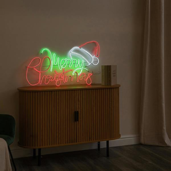 Samuel Alexander 94cm x 53cm Light up Merry Christmas Neon Sign with Flashing Santa Hat
