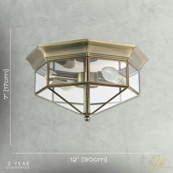 Classic Flush Ceiling Light in Antique Brass with Clear Glass Panels Image 7