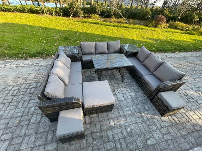 Fimous Rattan Garden Furniture Set 12 Seater Patio Outdoor Lounge Sofa Set with 2 Side Tables Rectangular Dining Table 3 Footstools Dark Grey Mixed