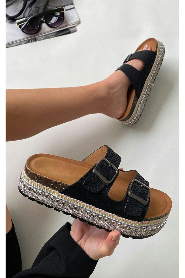 Kylie Embellished Buckle Sandals - Black