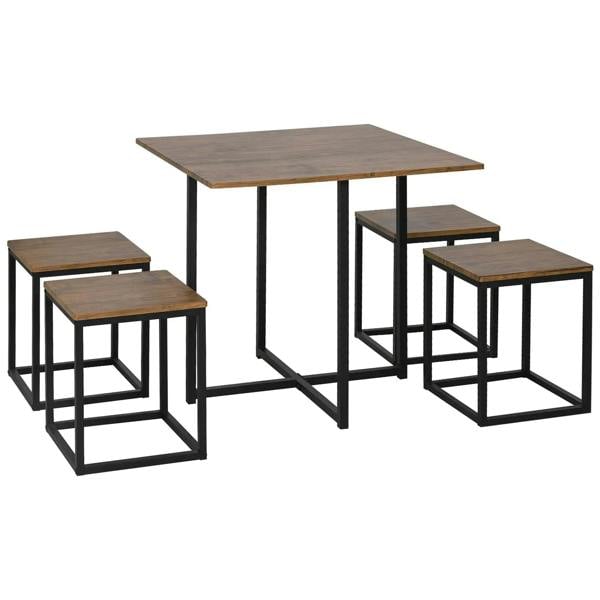 5-piece dining table set with square brown tabletop and 4 matching stools, black metal frame