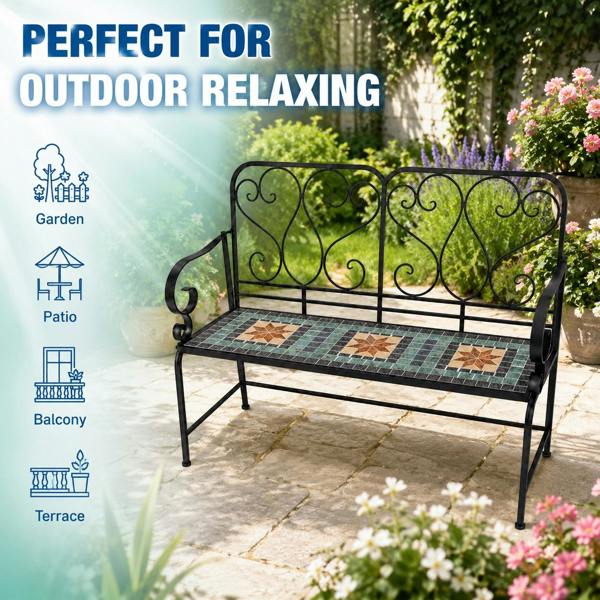 Marrakech Mosaic 2 Seater Garden Bench, 112cm Outdoor Patio Seat with Ceramic Tile Seat, Scrollwork Backrest & Metal Frame image 5