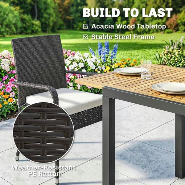 7 Piece Rattan Garden Furniture Set, 6 Seater Garden Table and 6 Stackable Chairs with Extendable Acacia Wood Tabletop