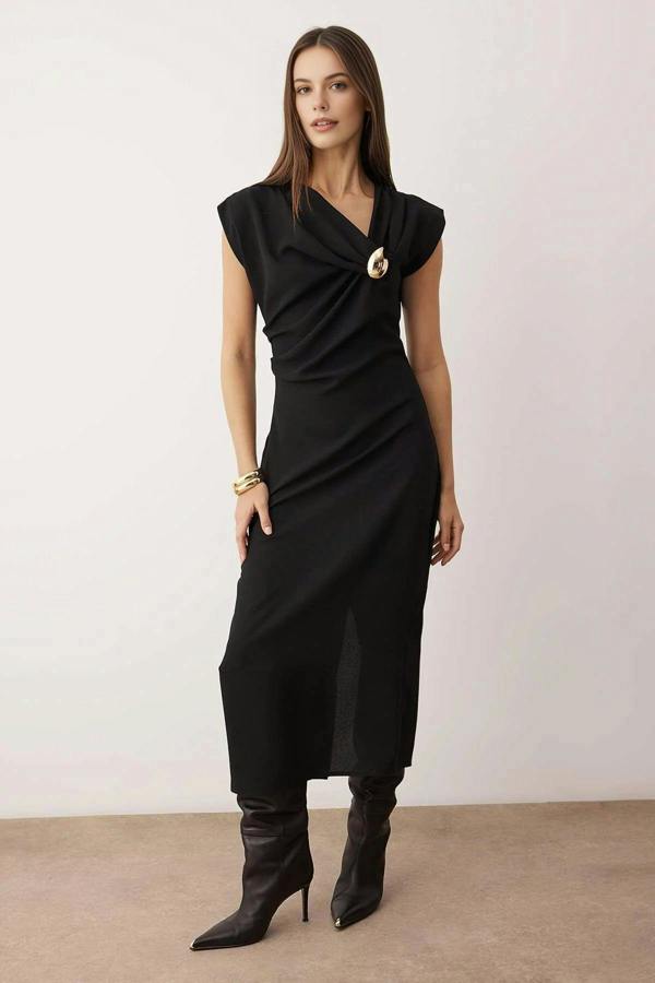 WOVCOR Midi Woven Dress with Accessory Details