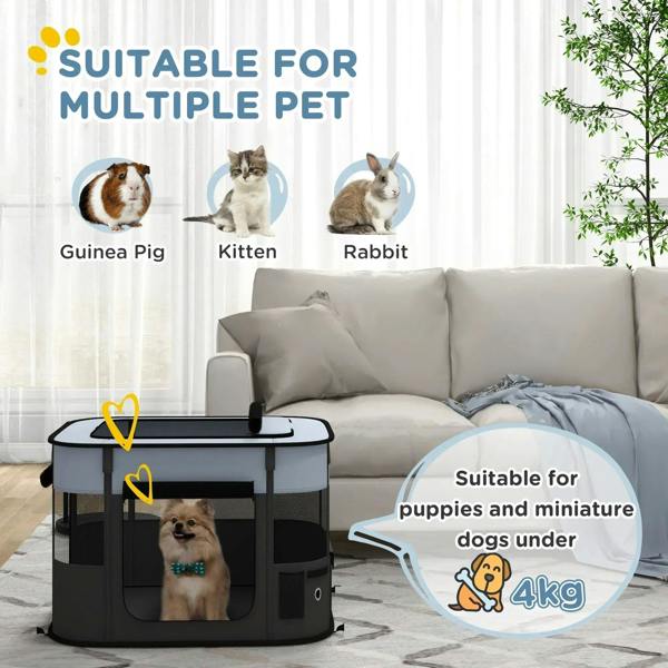 Portable multi-pet playpen with mesh side panels and low front door, grey and black