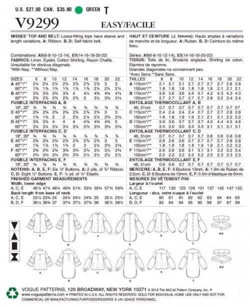 Vogue Sewing Pattern 9299, Shirts for Women, A5 (6-8-10-12-14) - Easy