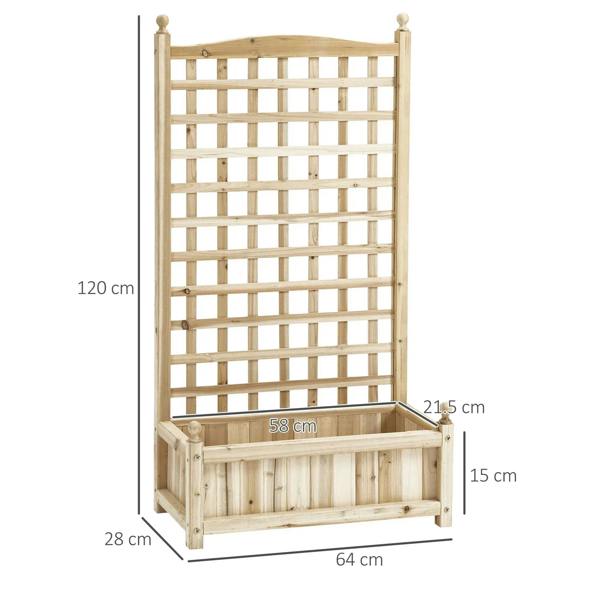 Wood trellis raised bed planter with base tray and visible size dimensions