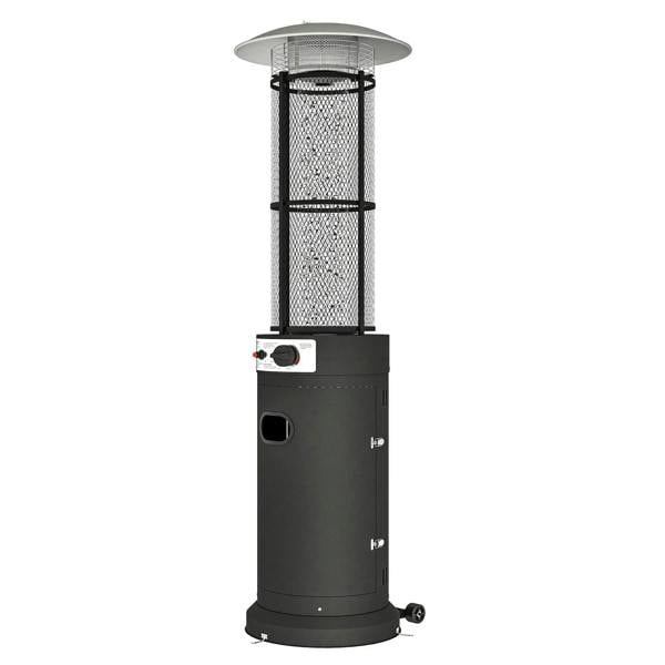 Freestanding black gas patio heater with mesh guard, control panel, and wheels