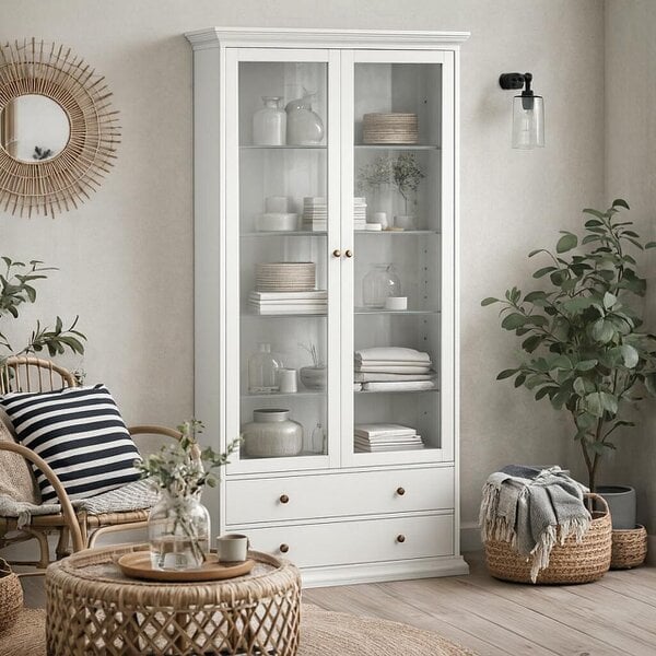 Wyld Haus Osaka Farmhouse White Wooden China Cabinet 2 Drawers 2 Doors 3 Shelves