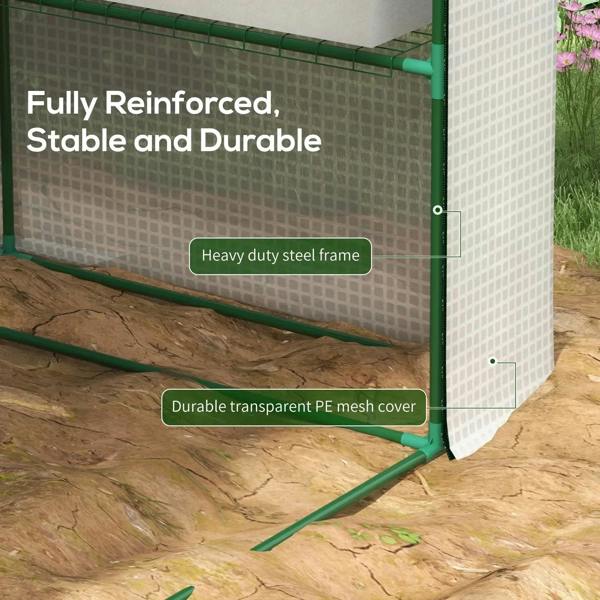Walk-in greenhouse with shelves, heavy-duty steel frame and durable mesh cover in green.