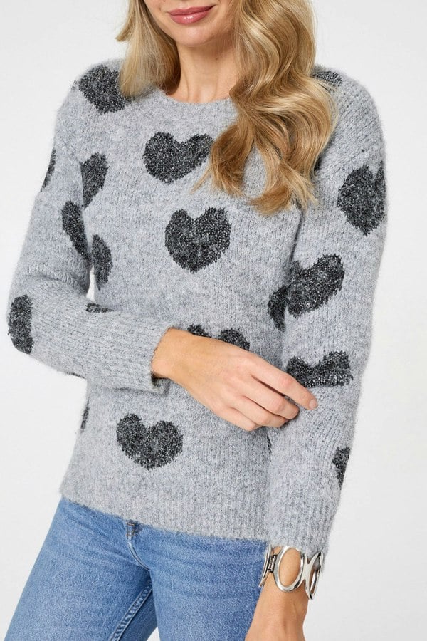 Grey | Heart Print Texture Drop Shoulder Jumper
