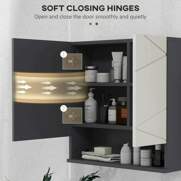 Bathroom mirror cabinet with soft-closing hinges and open door showing stored bottles