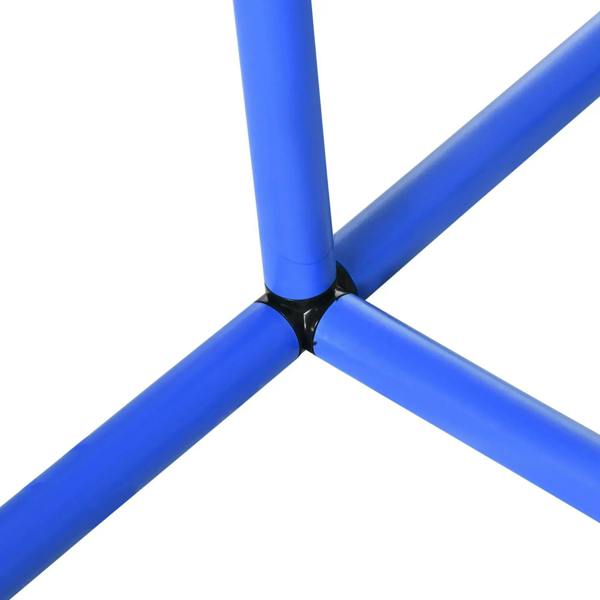 Blue agility hurdle frame corner joint with black connector straps