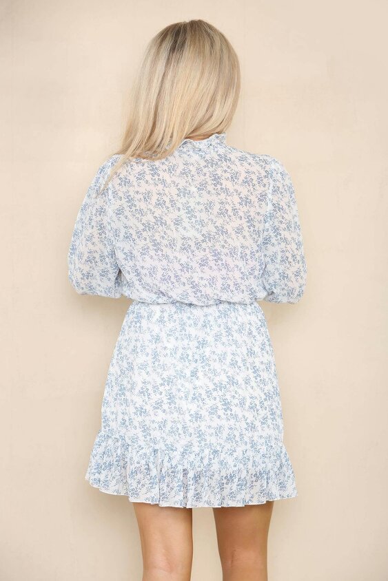 Elaina Fashion White Blue Floral Print Smock Mini Dress