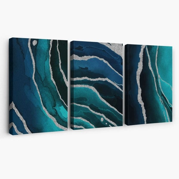 Artze Wall Art Set of 3 Teal, Navy Blue and Silver Canvas Art Prints