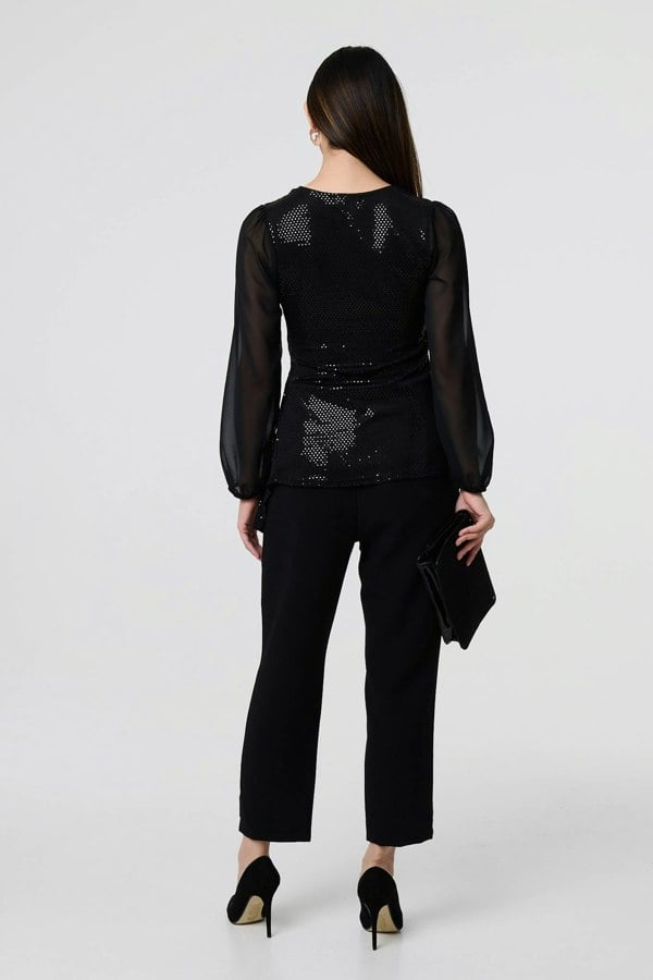 Black | Semi Sheer Sparkly Long Sleeve Blouse
