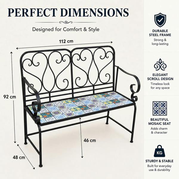 Lisbon Mosaic 2 Seater Garden Bench, 112cm Outdoor Patio Seat with Ceramic Tile Seat, Scrollwork Backrest & Metal Frame image 8