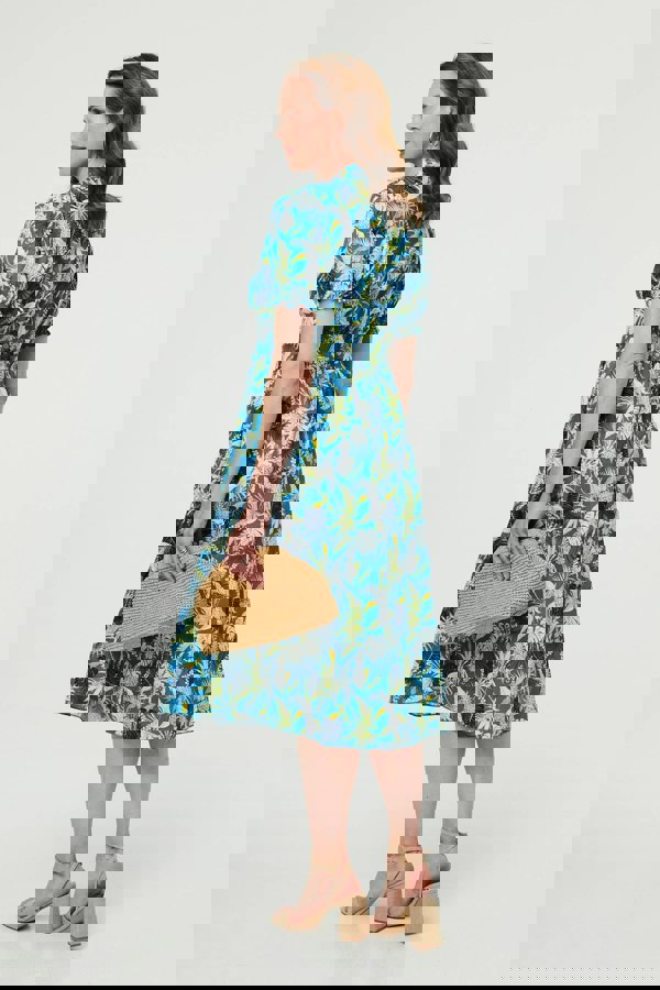 Blue | Leaf Print Short Sleeve Shirt Midi Dress
