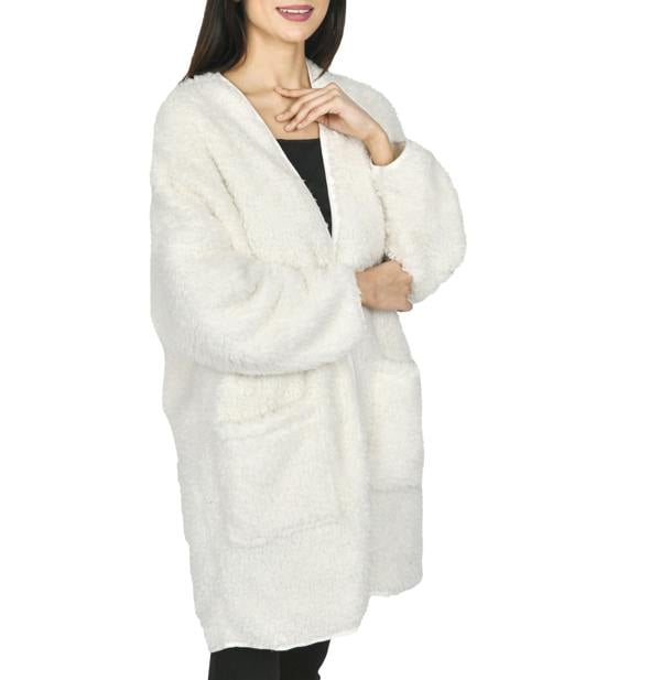 Smart Living Women's Borg Bathrobe with Ribbed Placket - Cream