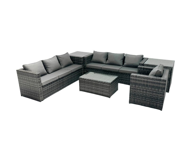 Fimous Rattan Garden Furniture Dining Set 7 seater Patio Coffee Table Sofa Set with 2 Side Tables Dark Grey Mixed