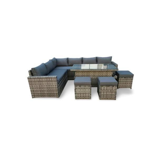 The Tarporley Grey 9 Seat Corner Rattan Dining Set - Rising Table - Madefor.Living