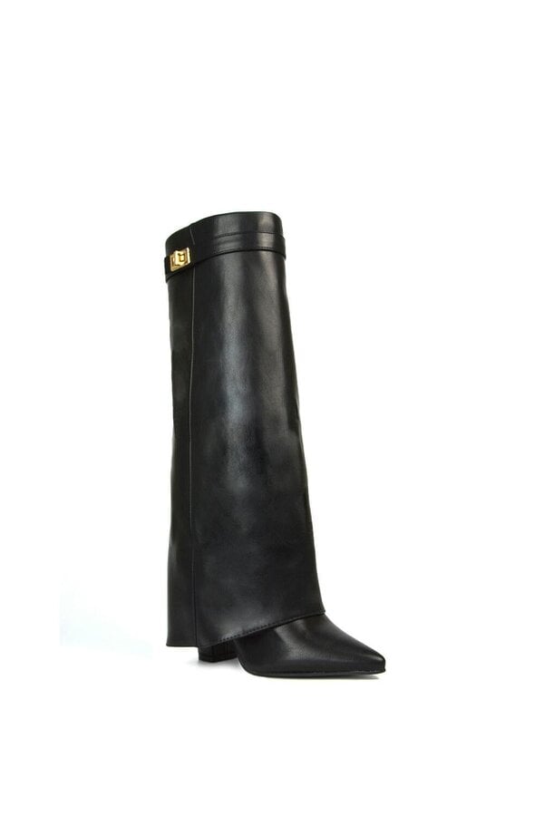 XY LONDON Block Heel Knee High Foldover Boots With Pointed Toe